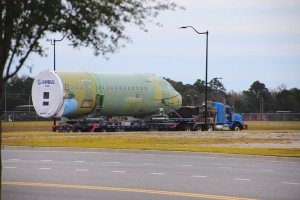 A fuselage section is transported to Airbus’ assembly facility in Mobile. (Image: Roger Wehner, Mobile Airport Authority)