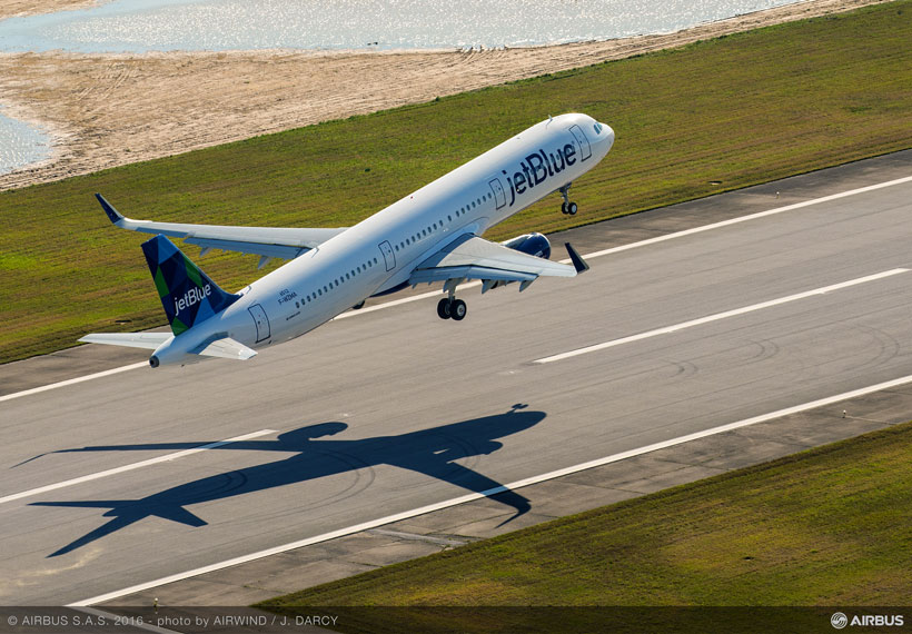 The first Alabama-made Airbus A321 lifts off from the runway at Mobile Aeroplex to start the airplane’s initial test flight. (Image: Airwind via Airbus)