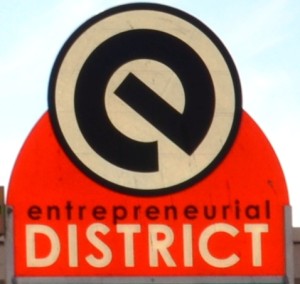 The Entrepreneurial District signs are still up, but the district around Innovation Depot is being renamed the “Innovation District.” (Michael Tomberlin/Alabama NewsCenter)