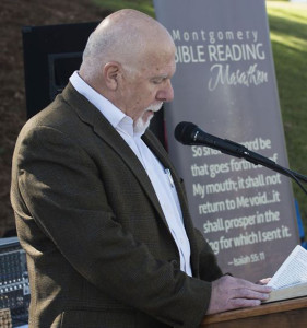 Cleland, an Alabama Power employee with 50 years of service, takes part in a 90-hour Bible reading with his 15-minute stint near the steps to the Alabama State Capitol. (Photo by Bernard Troncale.)