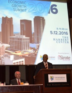 Ray Watts, president of UAB and chairman of the Birmingham Business Alliance Board of Directors, listens as Birmingham Mayor William Bell speaks at the BBA’s Birmingham Regional Economic Growth Summit. (Michael Tomberlin/Alabama NewsCenter)