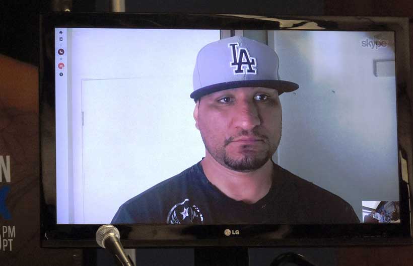 Contender Chris Arreola appears via television at a press conference about his July 16 fight with heavyweight champion Deontay Wilder in Birmingham. (Solomon Crenshaw Jr./Alabama NewsCenter) 