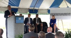 Montgomery Mayor Todd Strange welcomes Gerhardi at a groundbreaking ceremony.