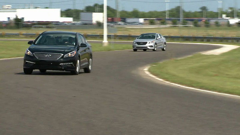 An aggressive S-turn on the track at Hyundai’s Alabama assembly plant is meant to test how the steering and suspension of Montgomery-made vehicles perform. (Image: Hyundai Alabama)