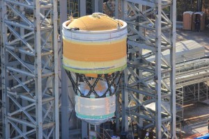 A cryogenic tank is lowered into place at a test stand at NASA’s Marshall Space Flight Center this month. (Image: NASA)