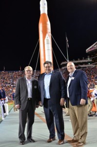 The halftime show during Auburn’s football game against Arkansas featured a tribute to NASA. Pictured, from left, are Mike Ogles of Auburn University’s Huntsville Research Center; Todd May, director of the NASA Marshall Space Flight Center; and Chris Roberts, dean of Auburn’s Samuel Ginn College of Engineering. (Image: Mike Clardy)