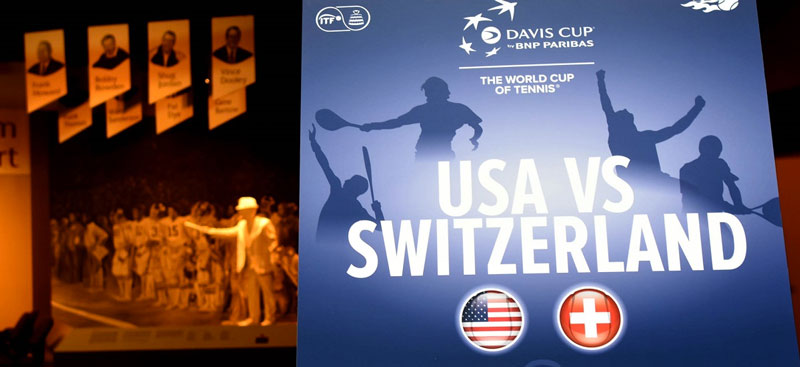 A poster at the Alabama Sports Hall of Fame announces that Birmingham will again host a Davis Cup tie pitting the United States against Switzerland. (Solomon Crenshaw/Alabama NewsCenter)